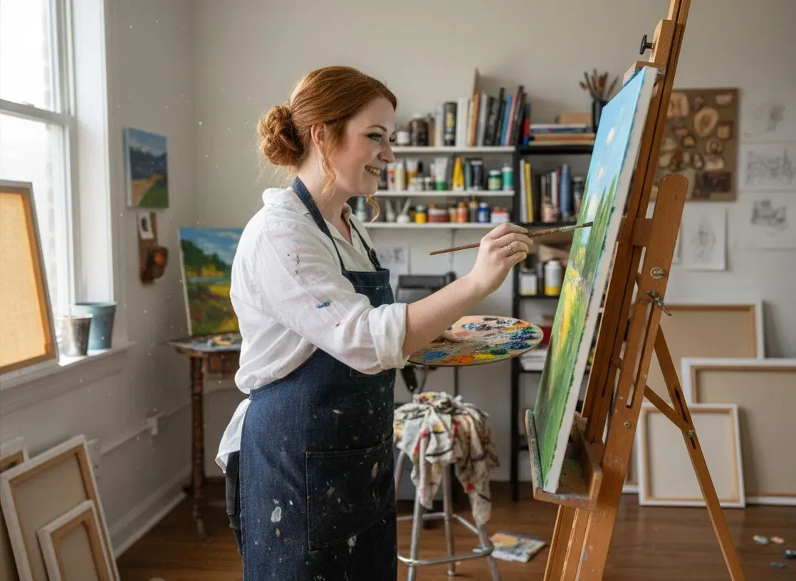 Artist painting an original artwork in a bright creative studio